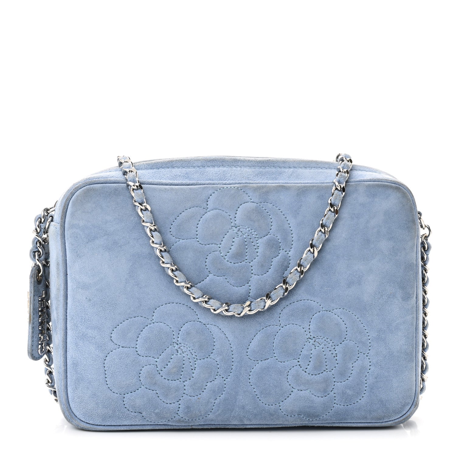 Chanel Suede Camellia Camera Case Light Blue 1 of 12
