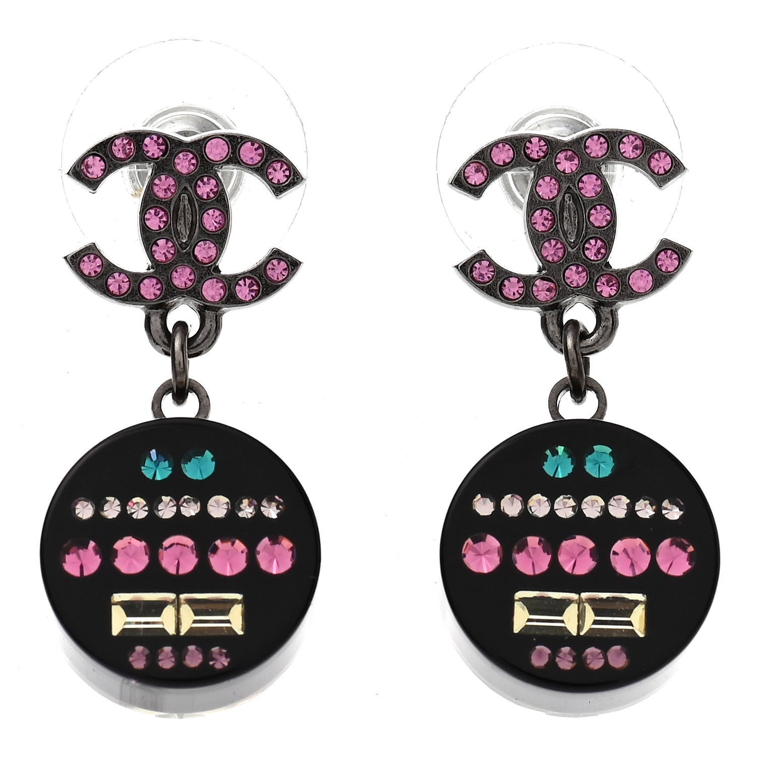 Chanel Resin Crystal CC Drop Earrings Black Multicolor 1 of 5