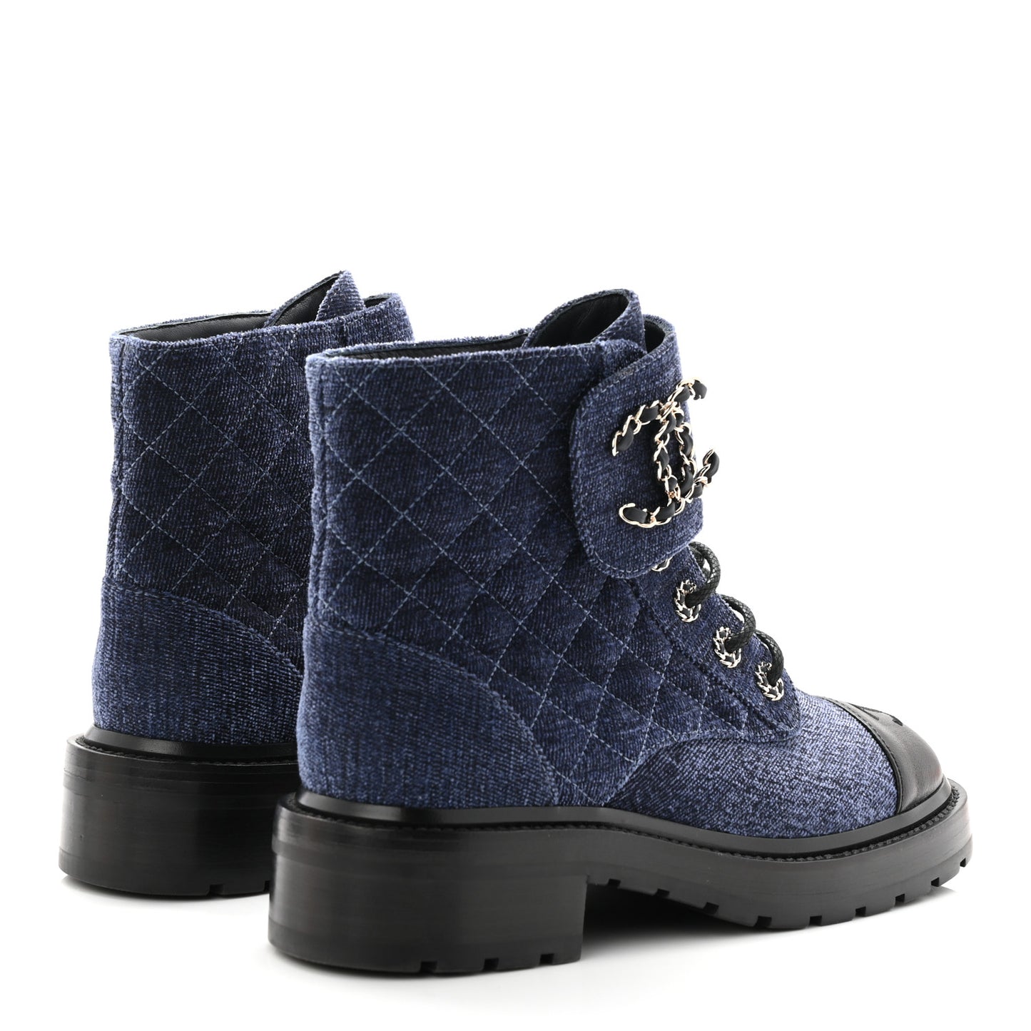 Denim Calfskin Quilted Lace Up Combat Boots 37.5 Blue