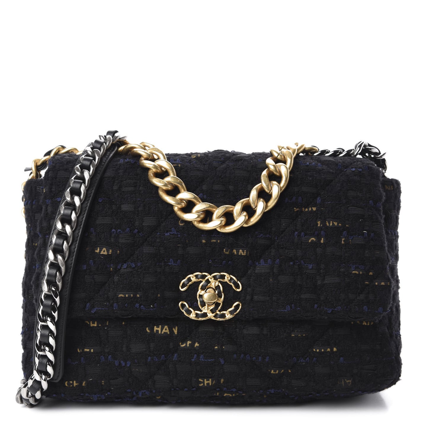 Tweed Quilted Large 19 Flap Black Navy Gold