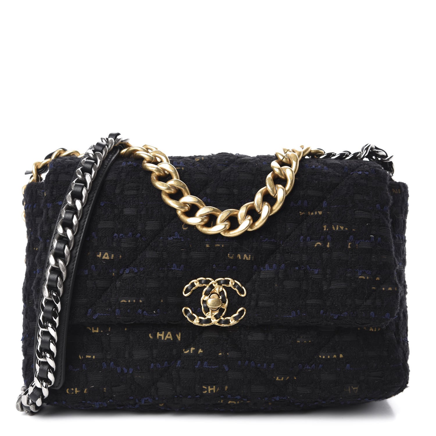 Chanel Tweed Quilted Large 19 Flap Black Navy Gold 1 of 11