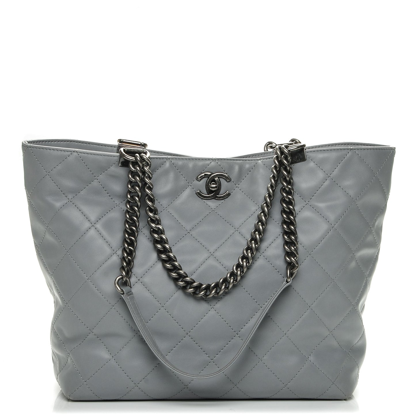 Calfskin Quilted Large Shopping In Chains Tote Light Grey