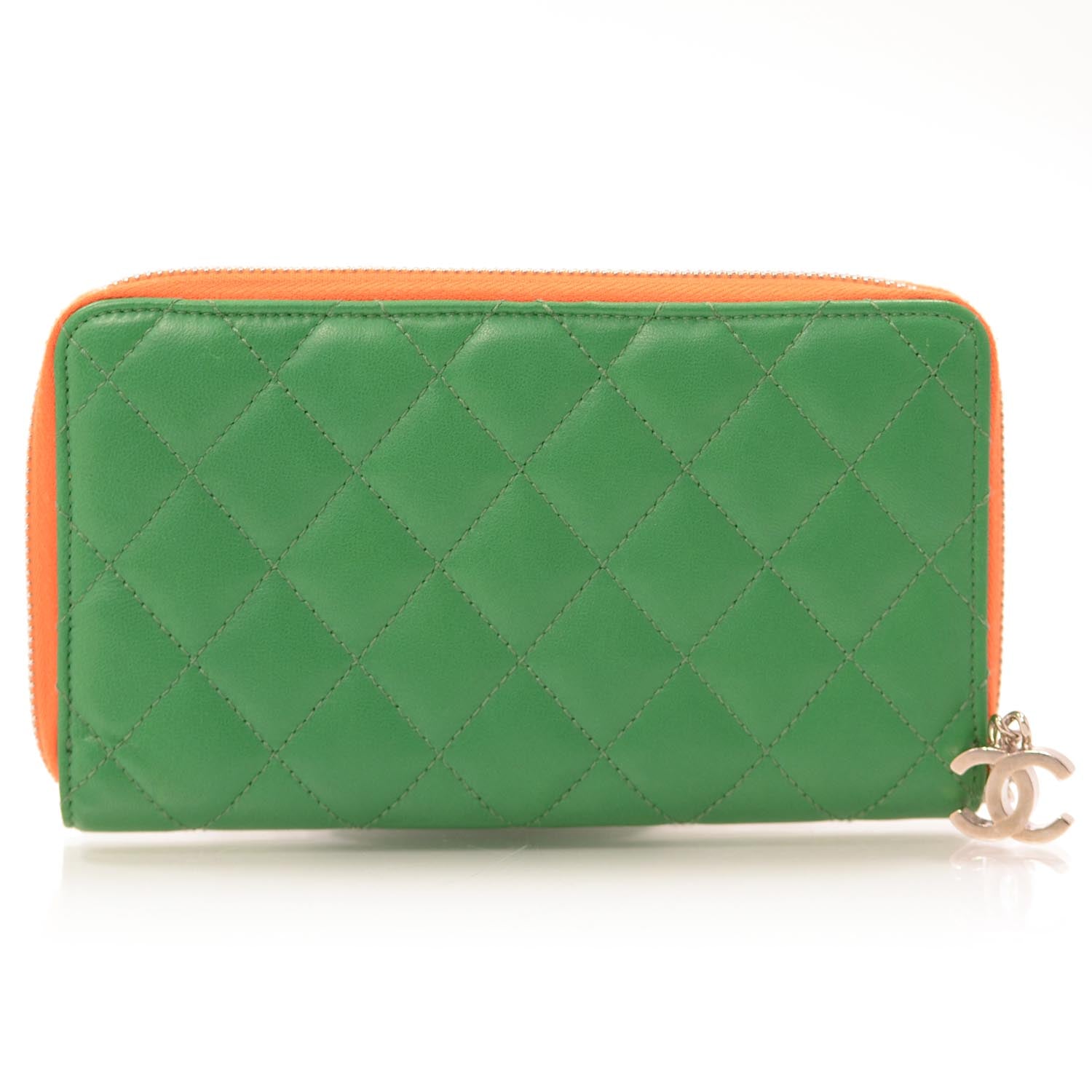 Chanel Lambskin Zip Around Wallet Green Orange 1 of 9