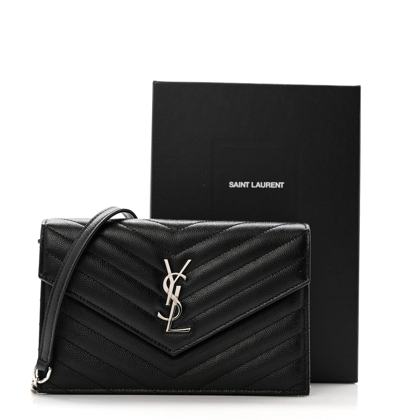 Grain De Poudre Matelasse Chevron Monogram Envelope Chain Wallet Black