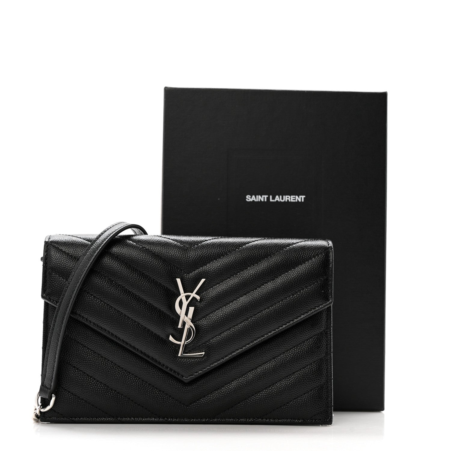 Saint Laurent Grain De Poudre Matelasse Chevron Monogram Envelope Chain Wallet Black 11 of 11
