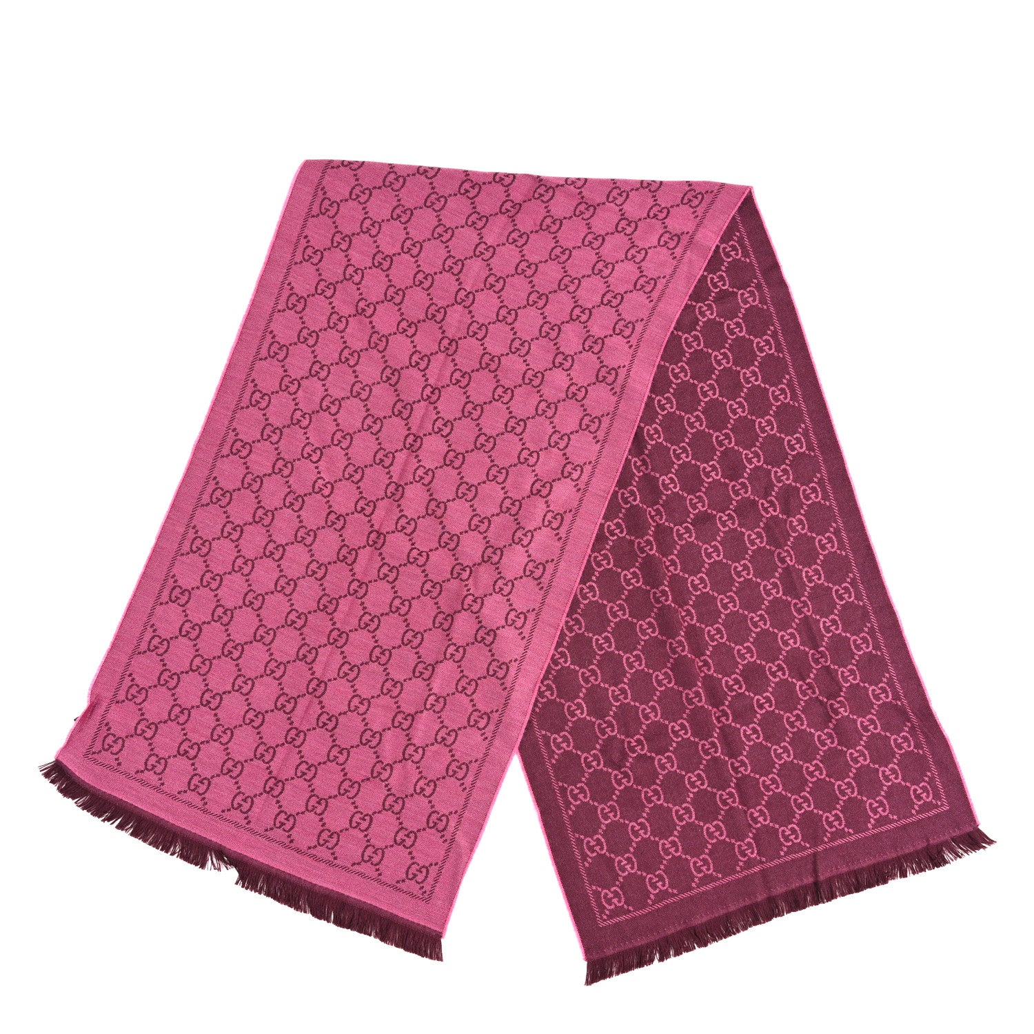 Gucci Wool Jacquard GG Monogram Sten Fringe Scarf Magenta Bordeaux 2 of 3