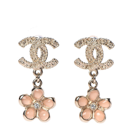 Chanel Resin Crystal CC Camellia Drop Earrings Gold Beige 1 of 5