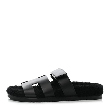 Hermes Calfskin Woolskin Womens Chypre Sandals 39.5 Black 1 of 10
