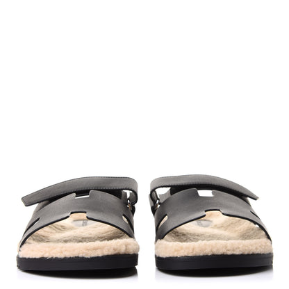 Hermes Calfskin Woolskin Mens Chypre Sandals 42.5 Black Ecru 2 of 10