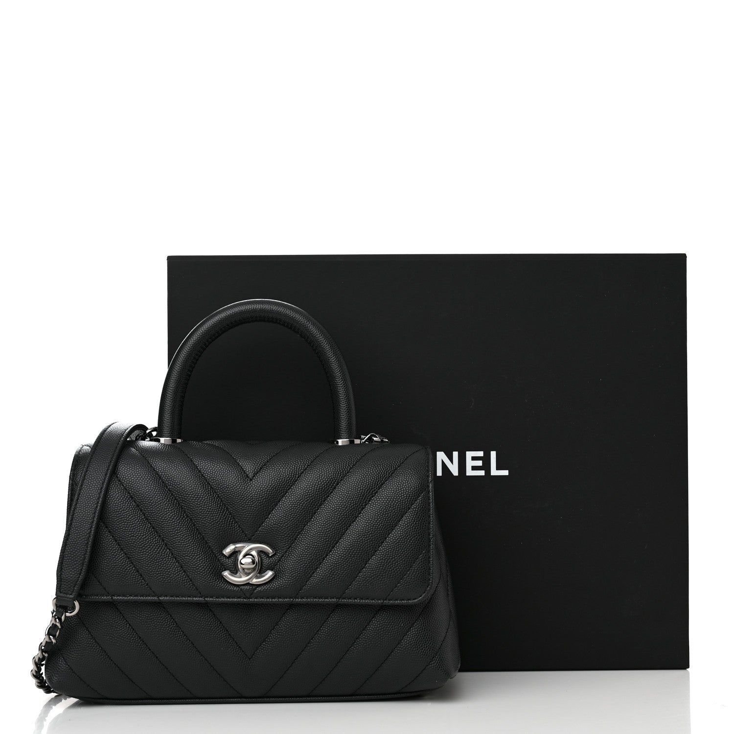 Chanel Caviar Chevron Quilted Mini Coco Handle Flap Dark Grey 11 of 11