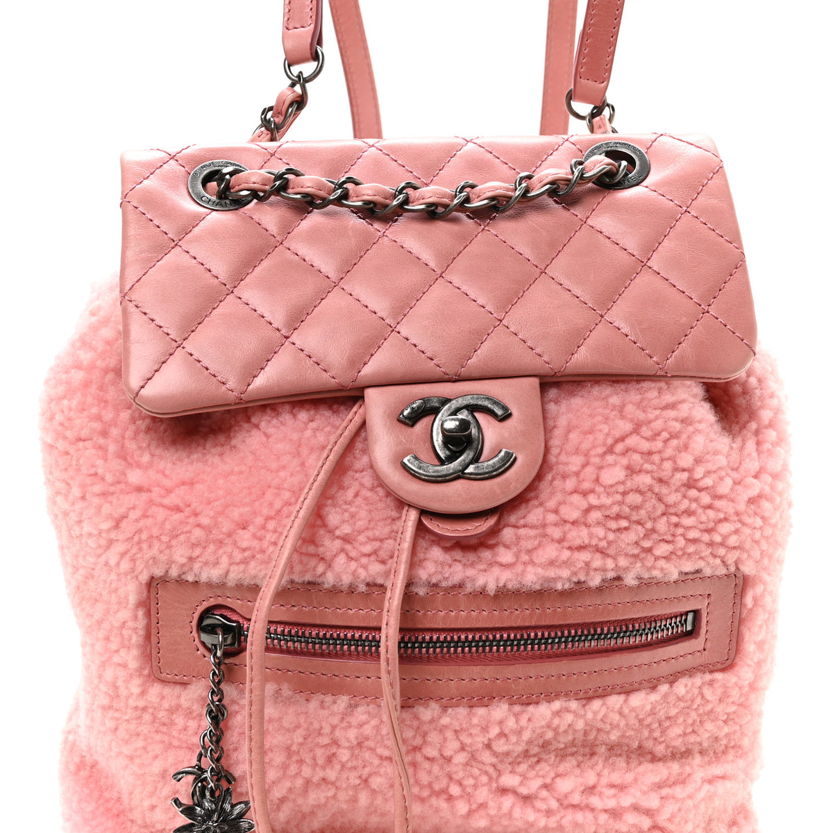 Glazed Calfskin Shearling Quilted Small Mountain Backpack Pink