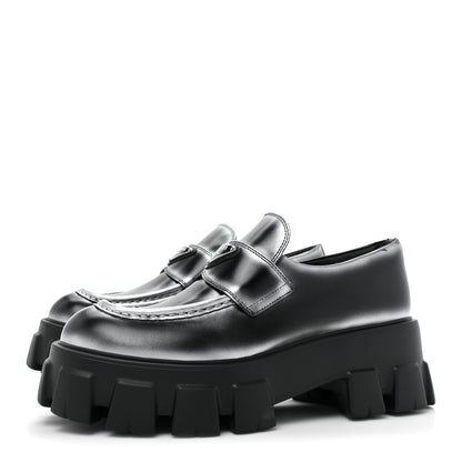 Prada Spazzolato Rois Triangle Monolith 55mm Loafers 39.5 Black Argento 3 of 12