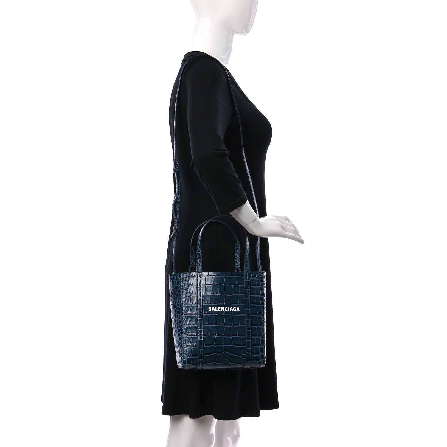 Balenciaga Shiny Calfskin Logo Crocodile Embossed XXS Everyday Tote Indigo 2 of 9