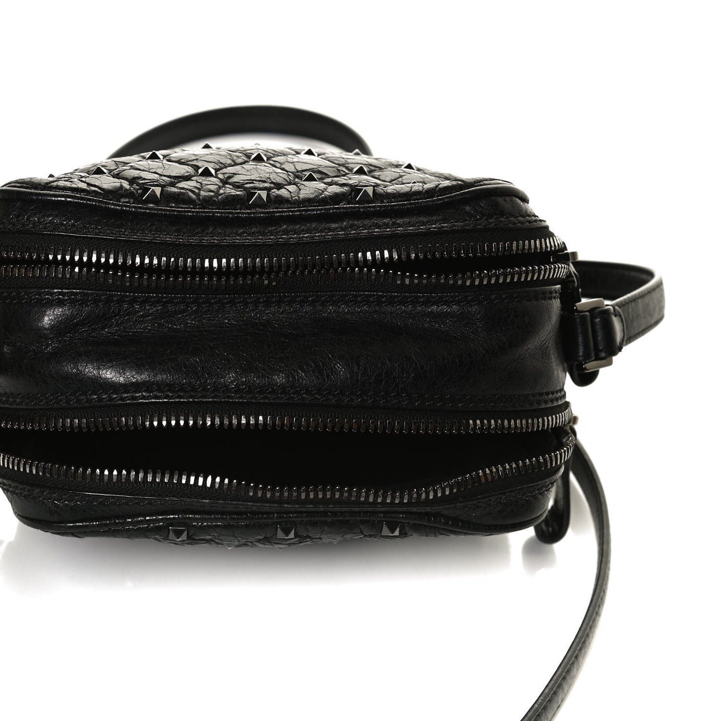 Craquele Nappa Rockstud Spike Double Zip Camera Crossbody Bag Black