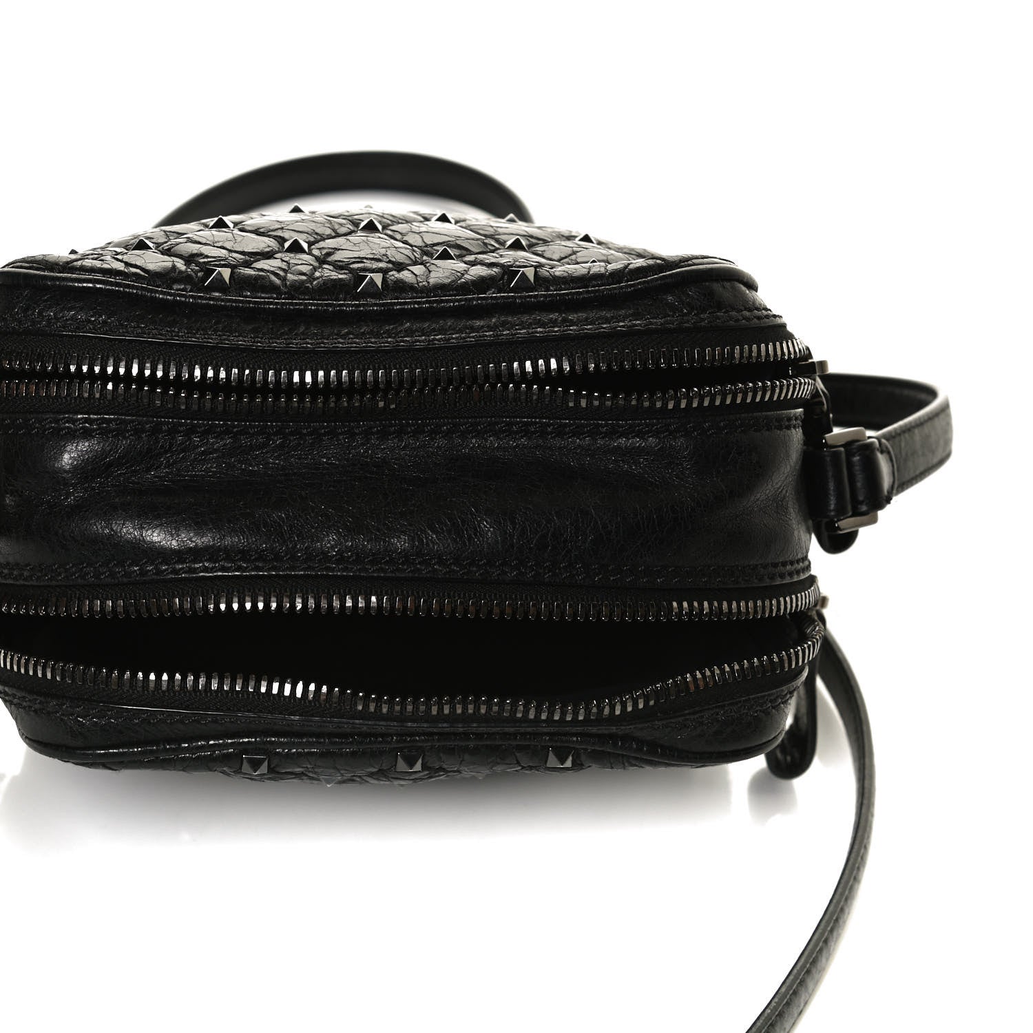 Valentino Garavani Craquele Nappa Rockstud Spike Double Zip Camera Crossbody Bag Black 8 of 12