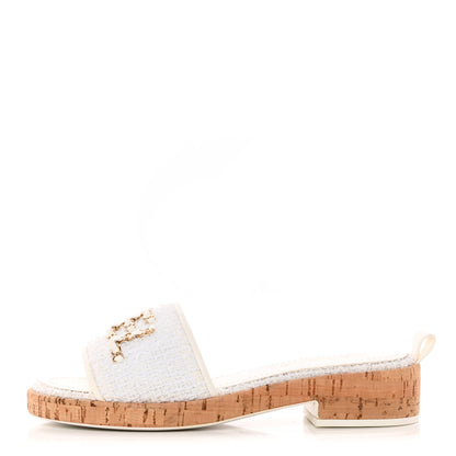 Chanel Tweed Cork CC Chain Mule Sandal 38 White 1 of 11