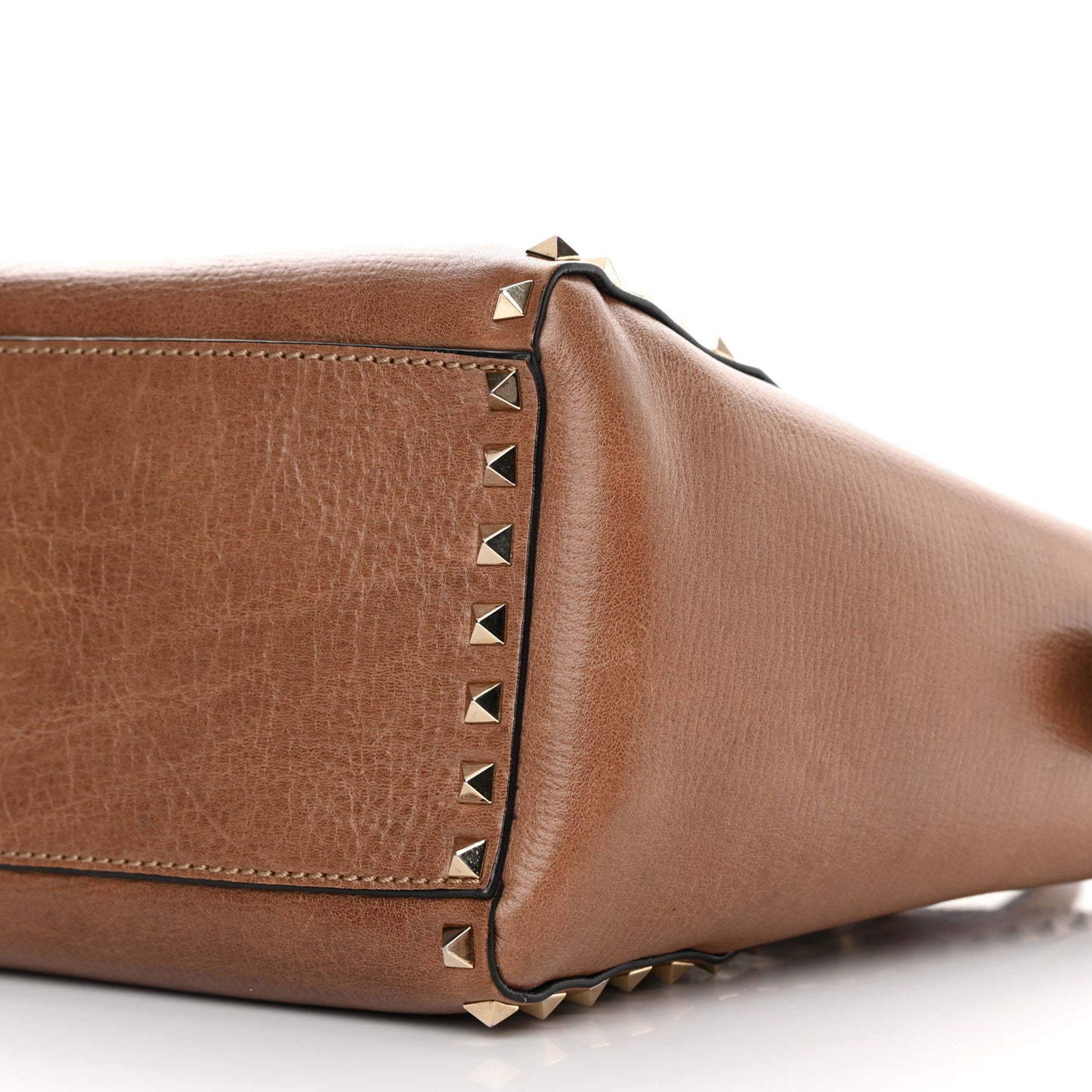 Textured Calfskin Rockstud Double Handle Tote Tan