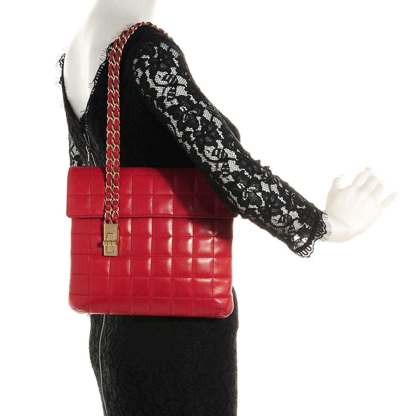 Lambskin Chocolate Bar Mademoiselle Flap Shoulder Bag Red