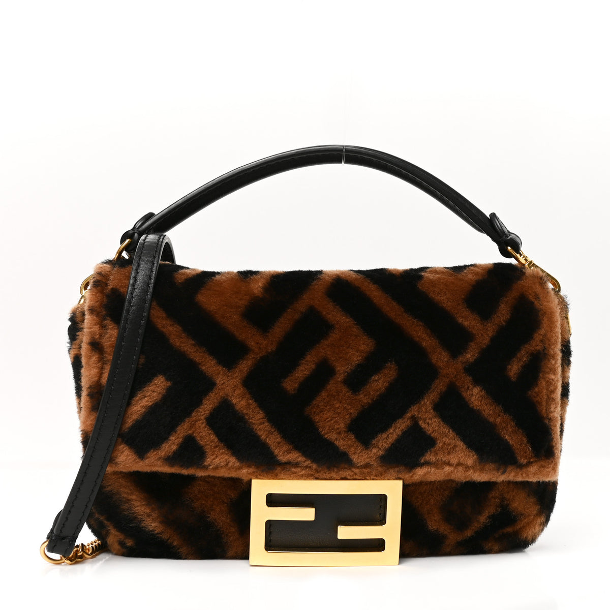 Shearling Vitello Dolce Macro FF 1974 Mini Baguette Tobacco Black