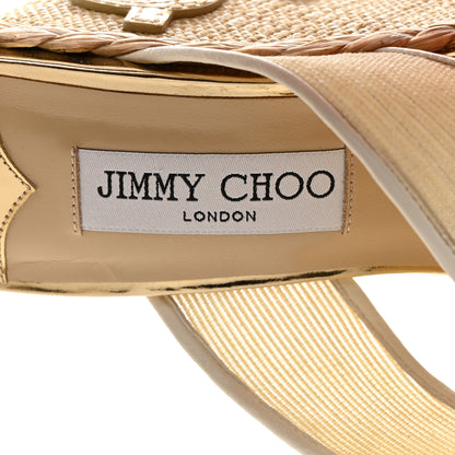 Jimmy Choo Metallic Mesh Raffia Dovina 100 Wedge Sandals 38.5 Latte Gold 6 of 8