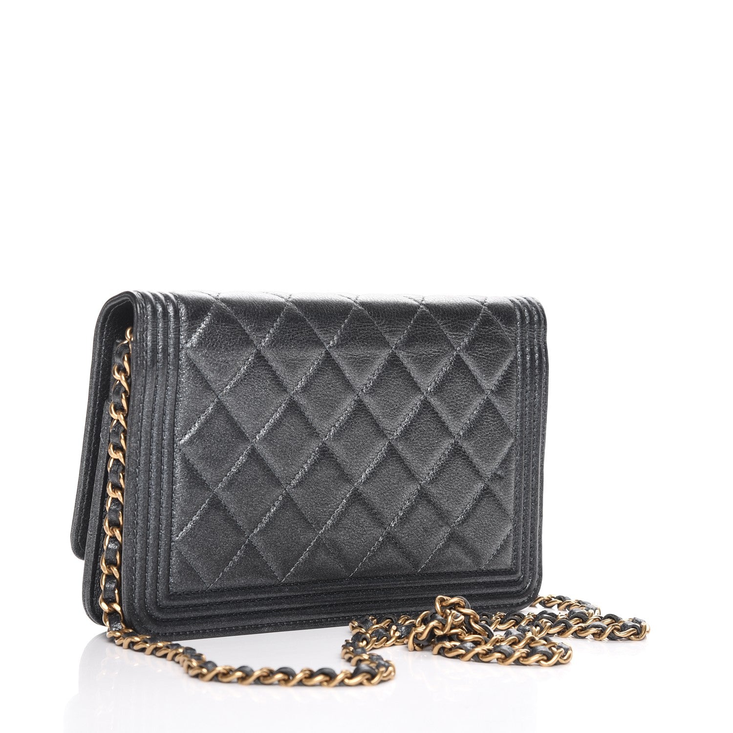 Chanel Metallic Calfskin Quilted Boy Wallet On Chain WOC Charcoal 3 of 9