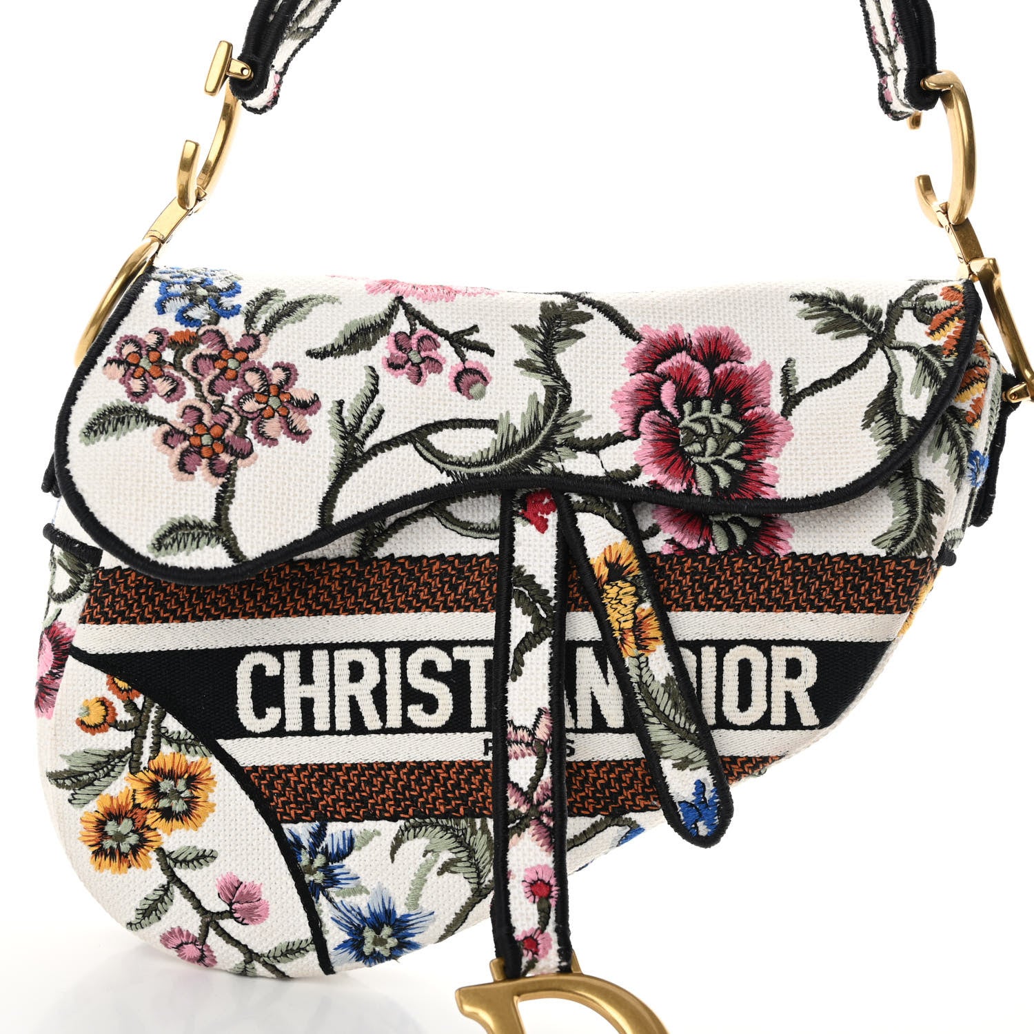Christian Dior Canvas Embroidered Petites Fleurs Saddle Bag White Multicolor 8 of 10