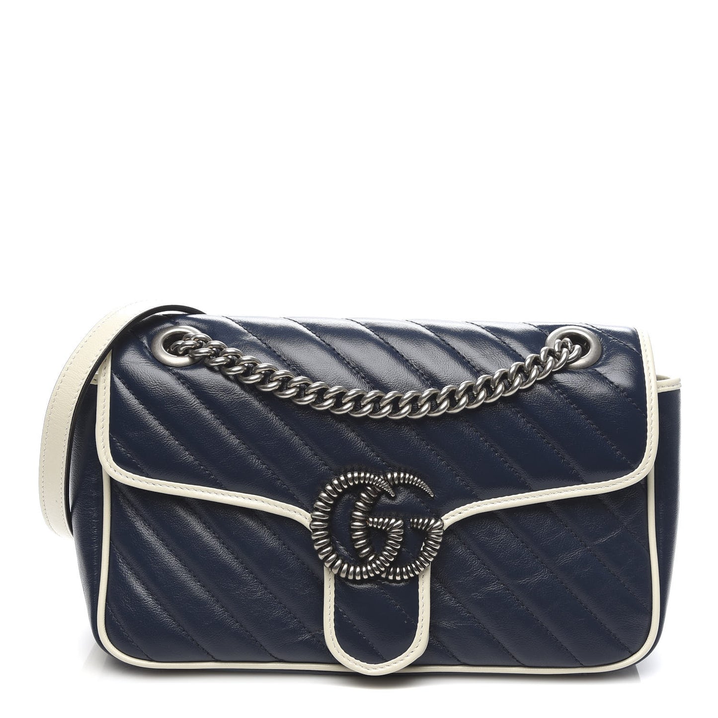 Vintage Effect Calfskin Matelasse Diagonal Small Torchon GG Marmont Shoulder Bag Blue Agata Mystic White