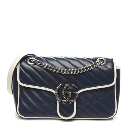 Gucci Vintage Effect Calfskin Matelasse Diagonal Small Torchon GG Marmont Shoulder Bag Blue Agata Mystic White 1 of 10