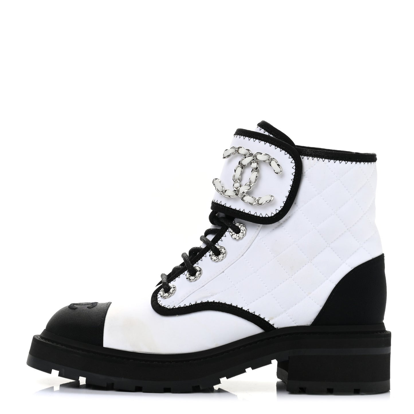 Shiny Goatskin Calfskin Quilted Lace Up Combat Boots 37.5 White Black