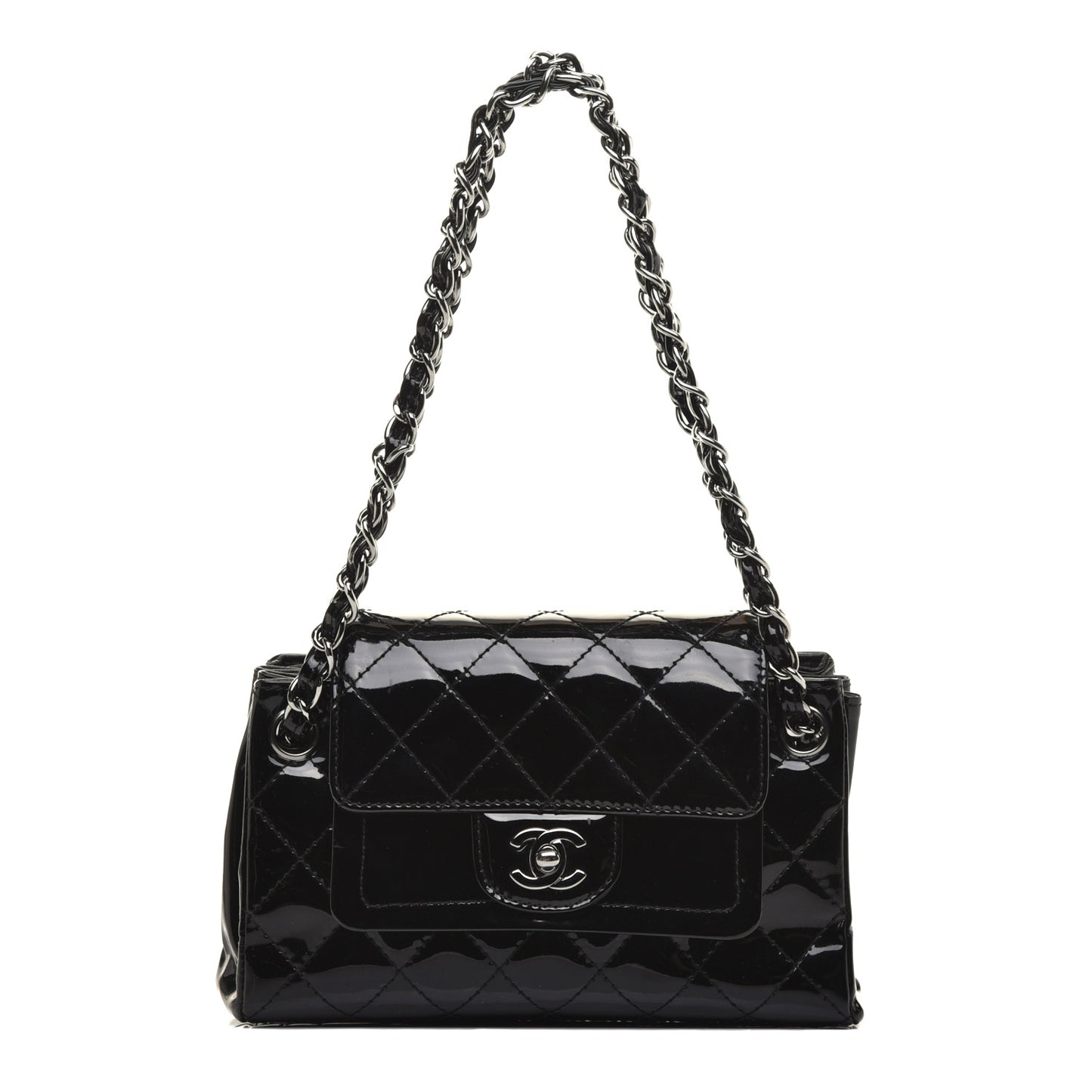 Patent Quilted Accordion Double Flap Black