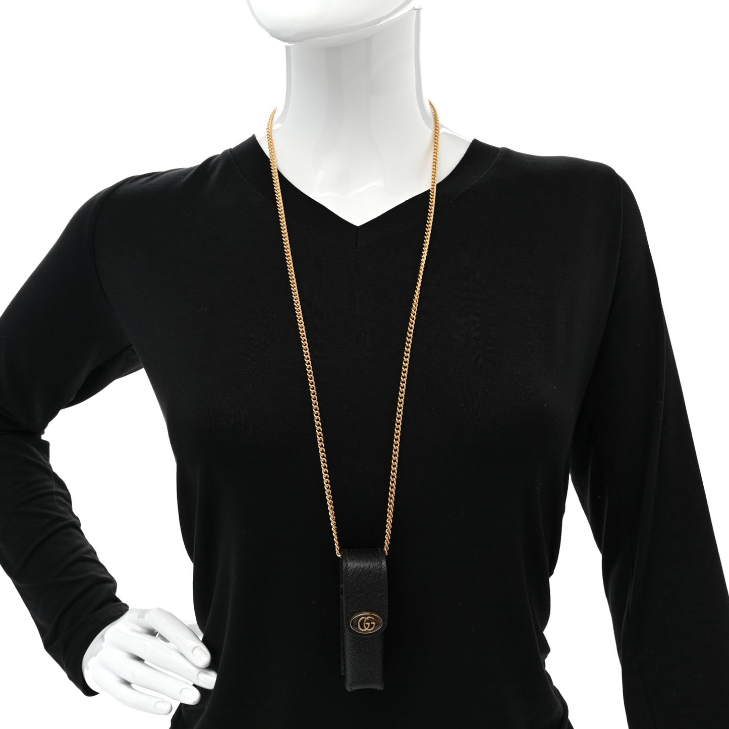 Textured Dollar Calfskin Enamel GG Lipstick Holder Necklace Black