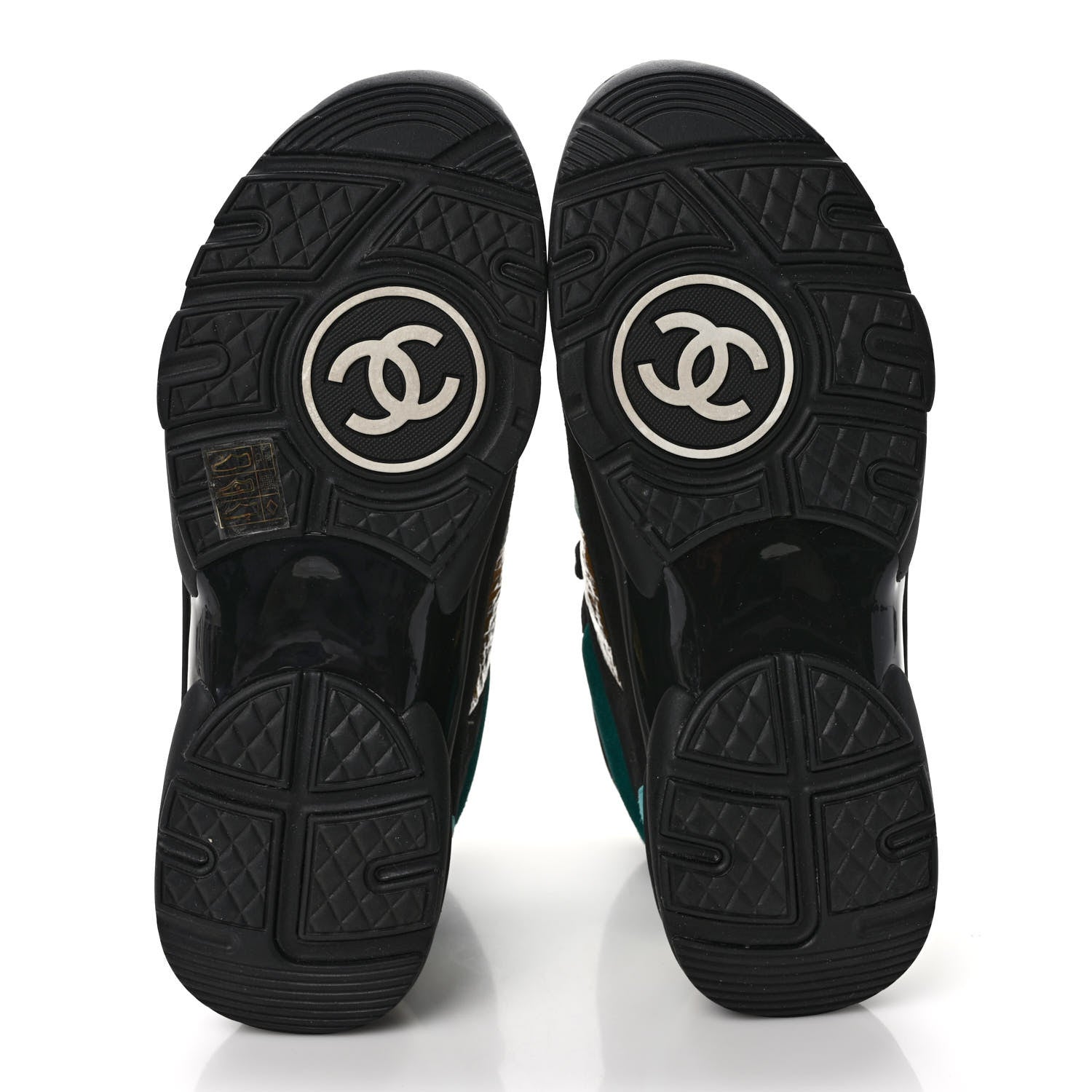 Chanel Suede Calfskin Fabric CC High Top Sneakers 40 Black Turquoise Gold 5 of 8