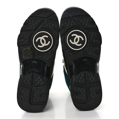 Chanel Suede Calfskin Fabric CC High Top Sneakers 40 Black Turquoise Gold 5 of 8