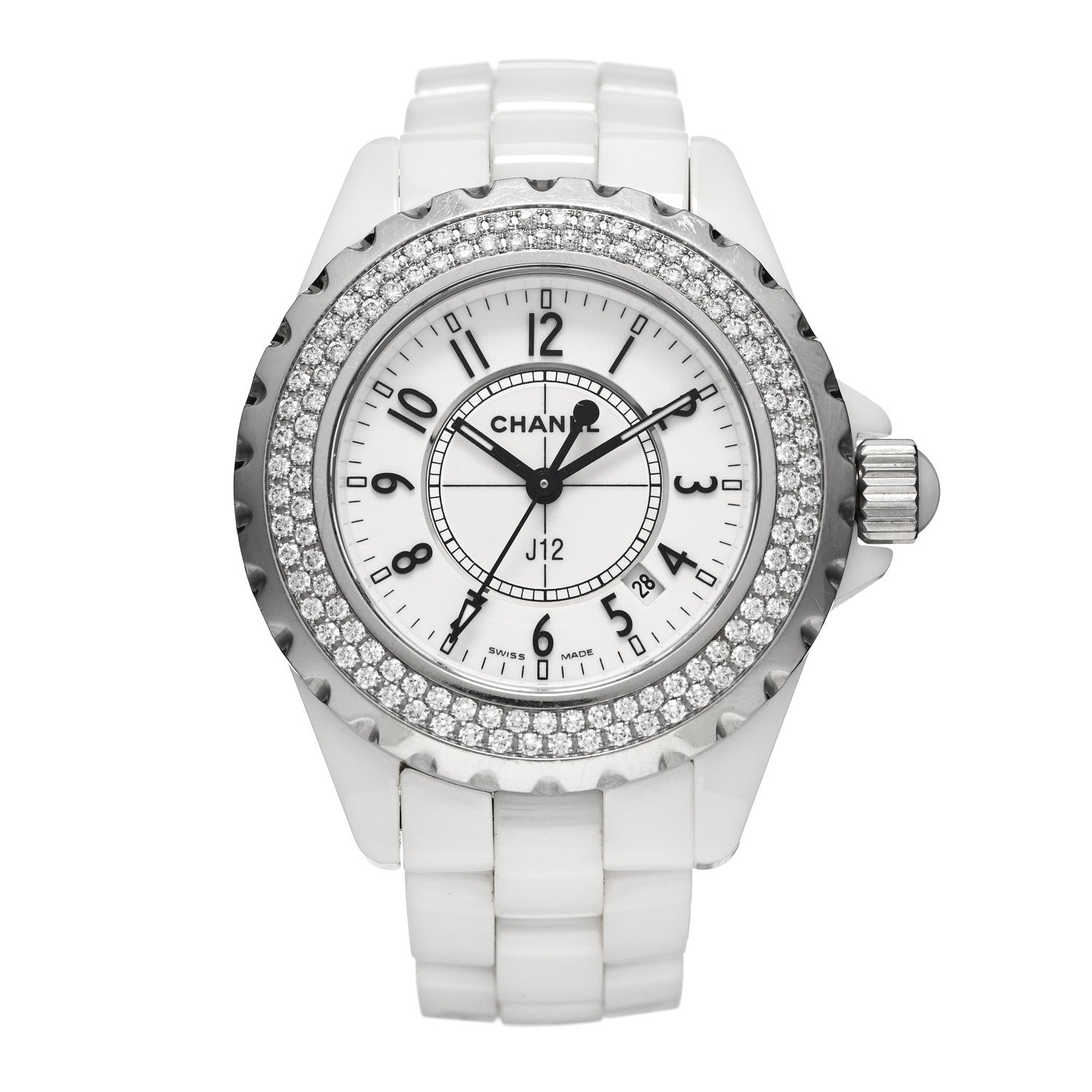 Chanel Stainless Steel Ceramic Diamond Pave Bezel 33mm J12 Quartz Watch White 1 of 4