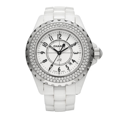 Chanel Stainless Steel Ceramic Diamond Pave Bezel 33mm J12 Quartz Watch White 1 of 4