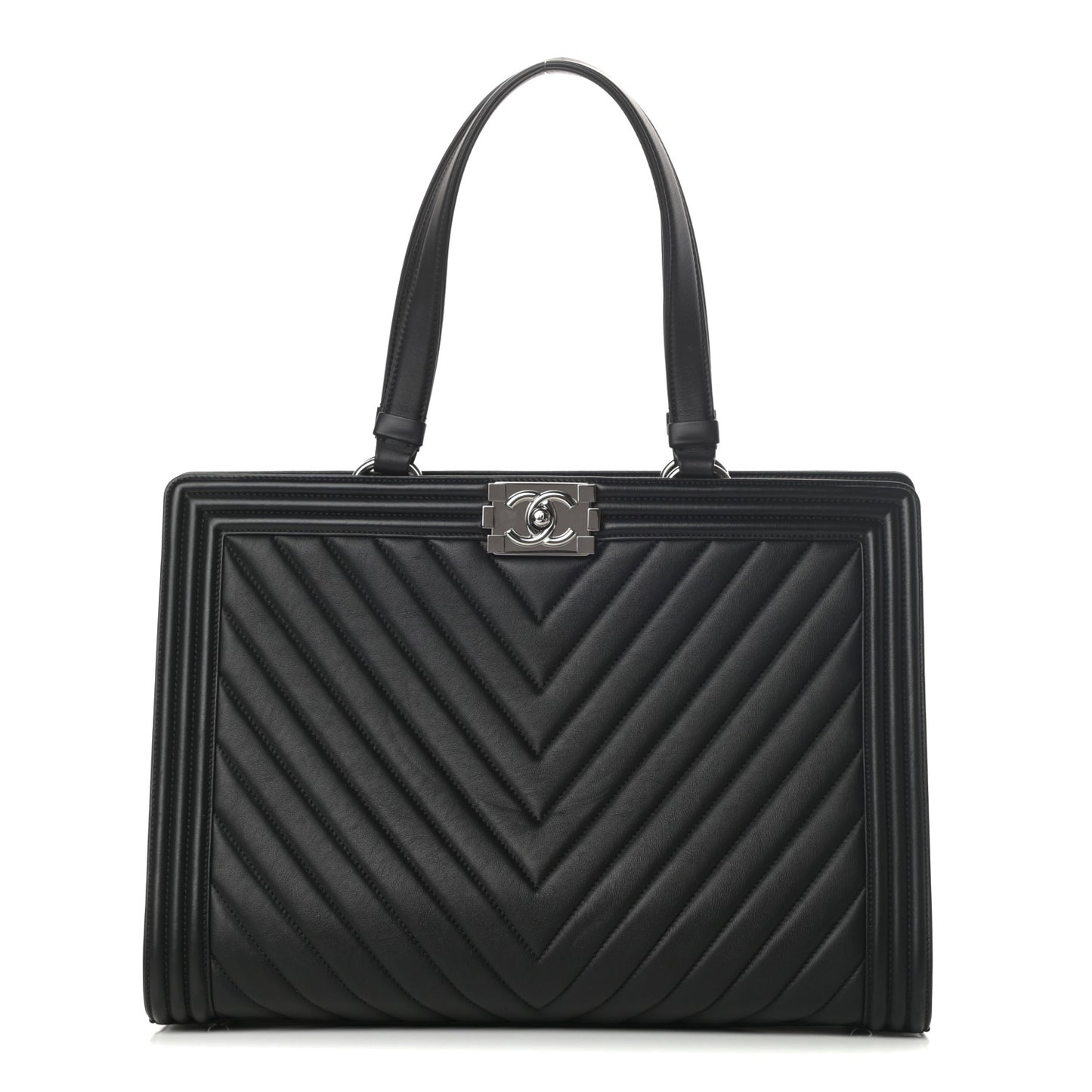 Calfskin Chevron Quilted Boy Shopping Tote Black