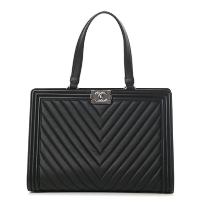 Chanel Calfskin Chevron Quilted Boy Shopping Tote Black 1 of 15