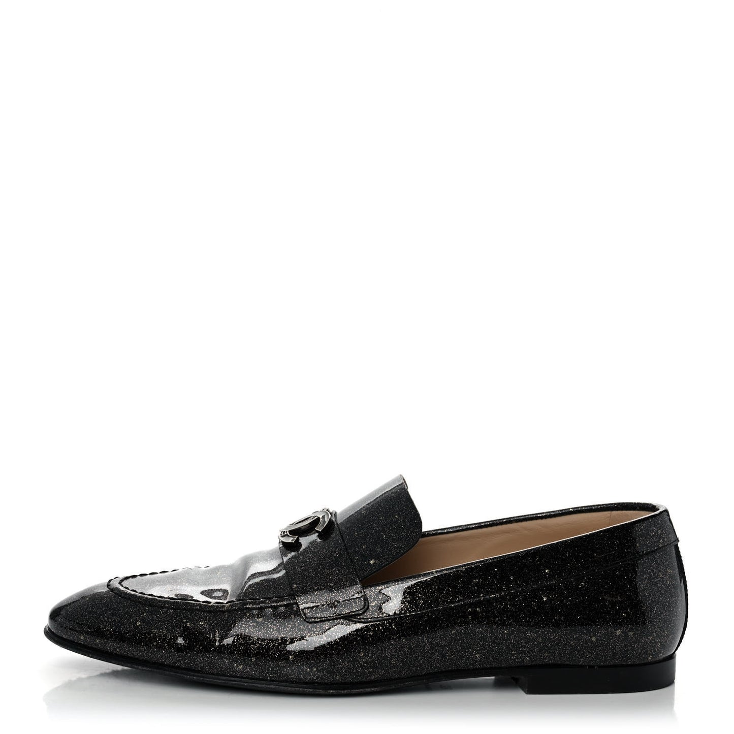 Patent Crackled Calfskin CC Mocassin Loafers 38 Black