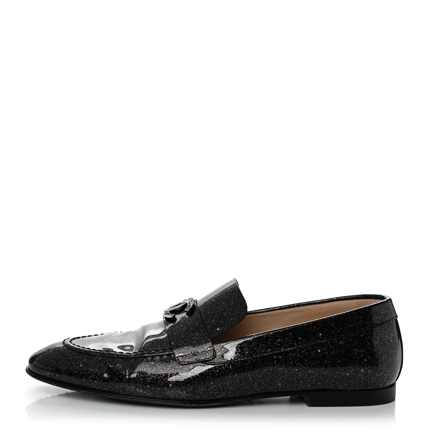 Chanel Patent Crackled Calfskin CC Mocassin Loafers 38 Black 1 of 10
