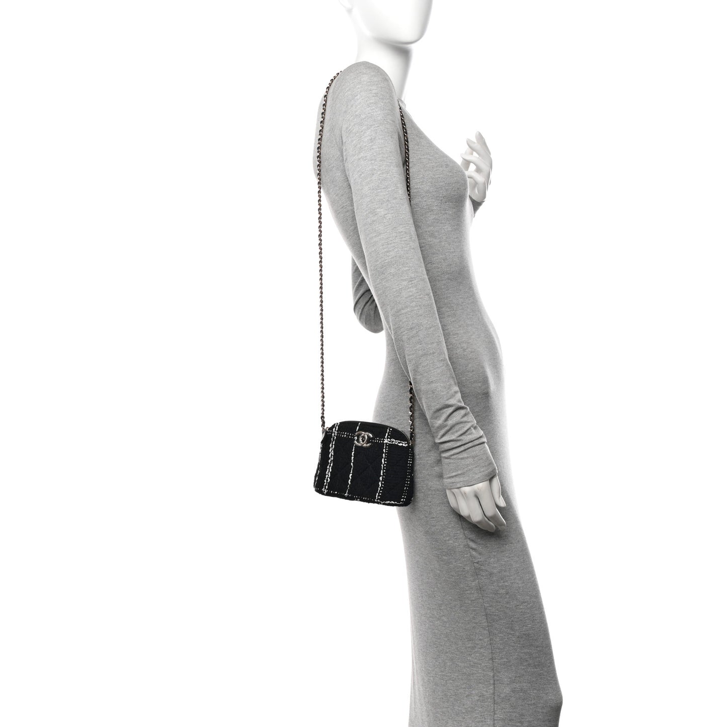 Tweed Quilted Mini Clutch With Chain Black White