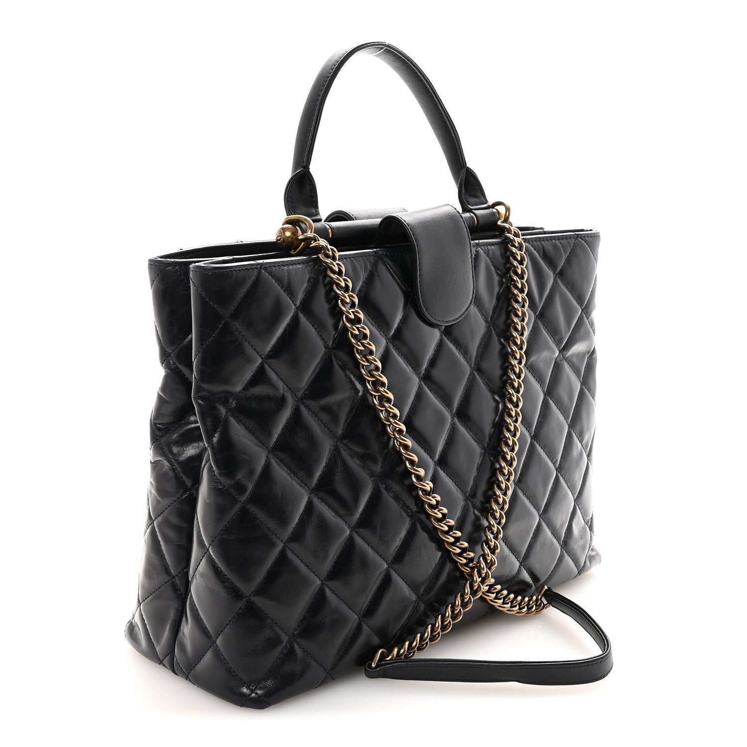 Chanel Glazed Calfskin Quilted Gold Bar Tote Dark Navy Blue 3 of 10