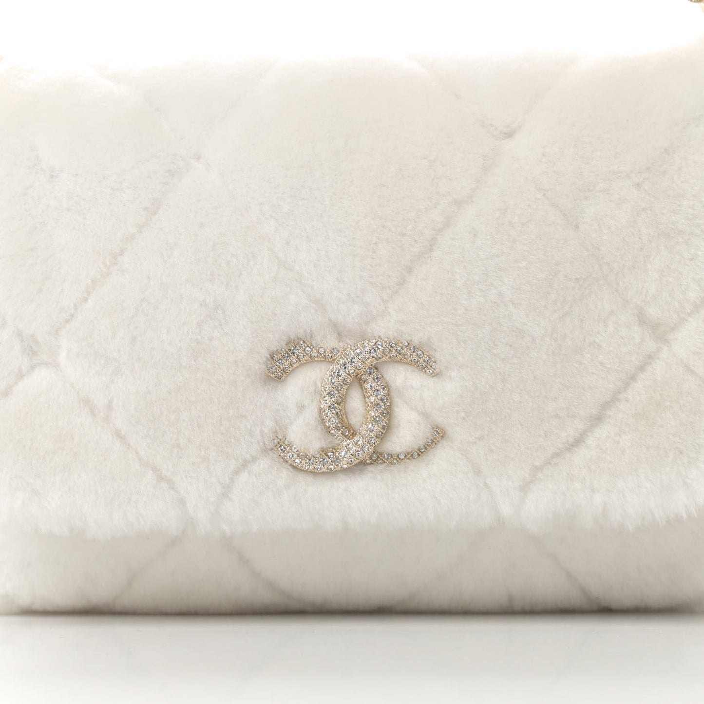 Shearling Lambskin Crystal Strass Flap White