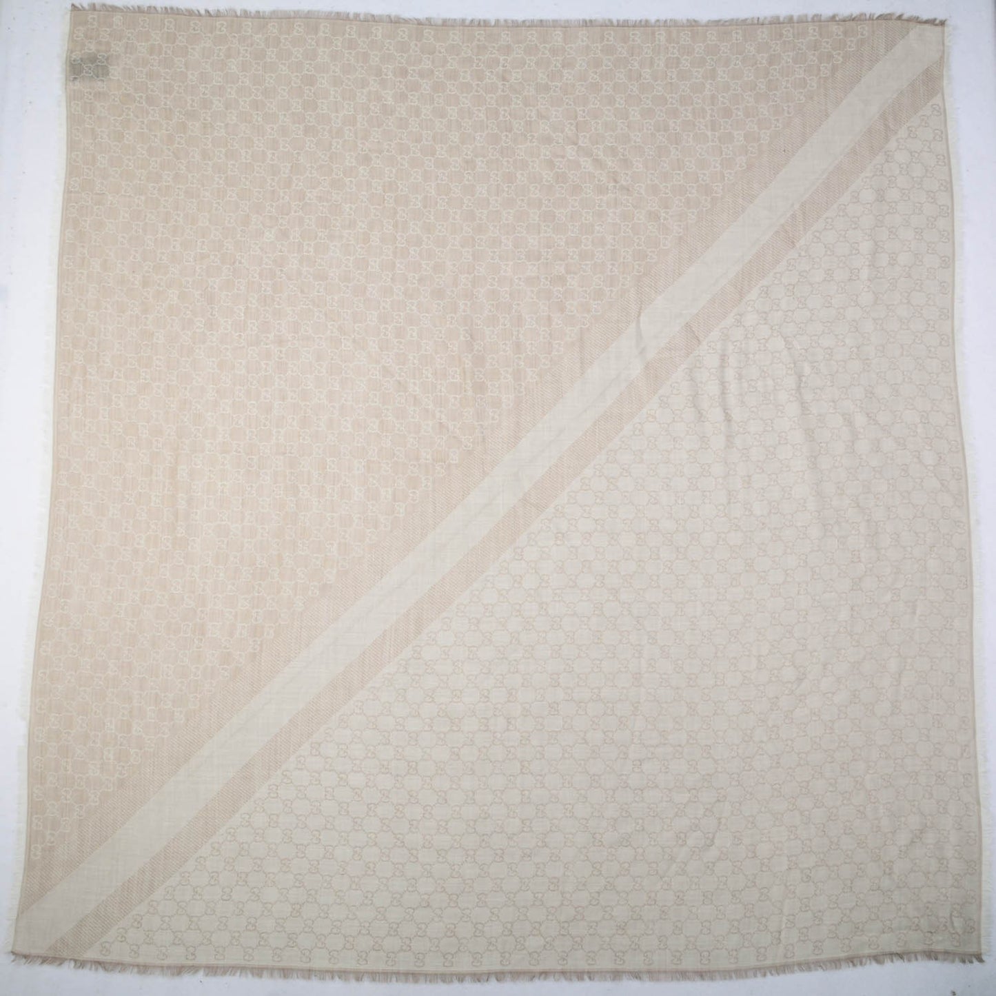 Wool Silk Monogram GGWeb Fringe Shawl Golden Beige