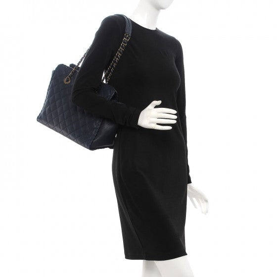 Iridescent Calfskin Quilted Happy Stitch Shopping Tote Navy Blue