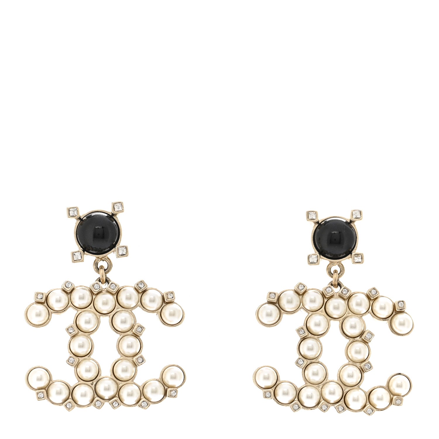 Chanel Resin Crystal Pearl CC Drop Earrings Black Gold 1 of 5