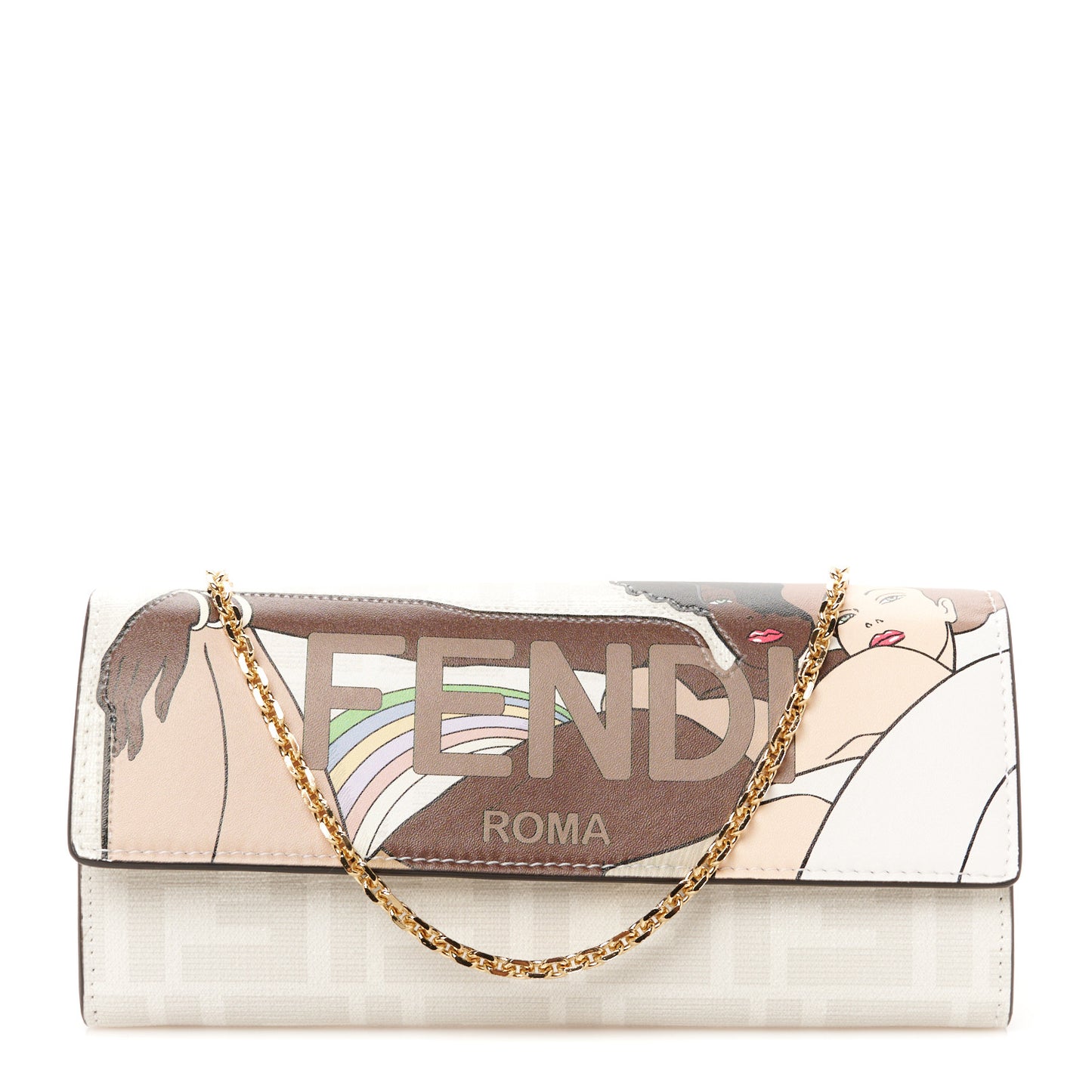 Glazed Fabric Vitello Liberty FF Logo Bikini Girls Inlay Continental Wallet On Chain Bianco Perla Multicolor