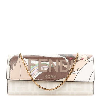 Fendi Glazed Fabric Vitello Liberty FF Logo Bikini Girls Inlay Continental Wallet On Chain Bianco Perla Multicolor 1 of 10