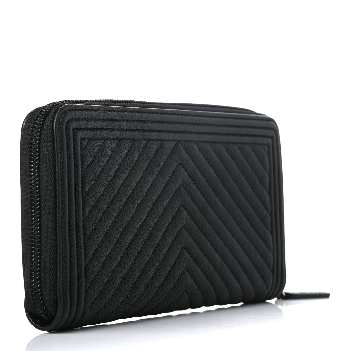 Caviar Chevron Quilted Zip Around Boy Wallet Black