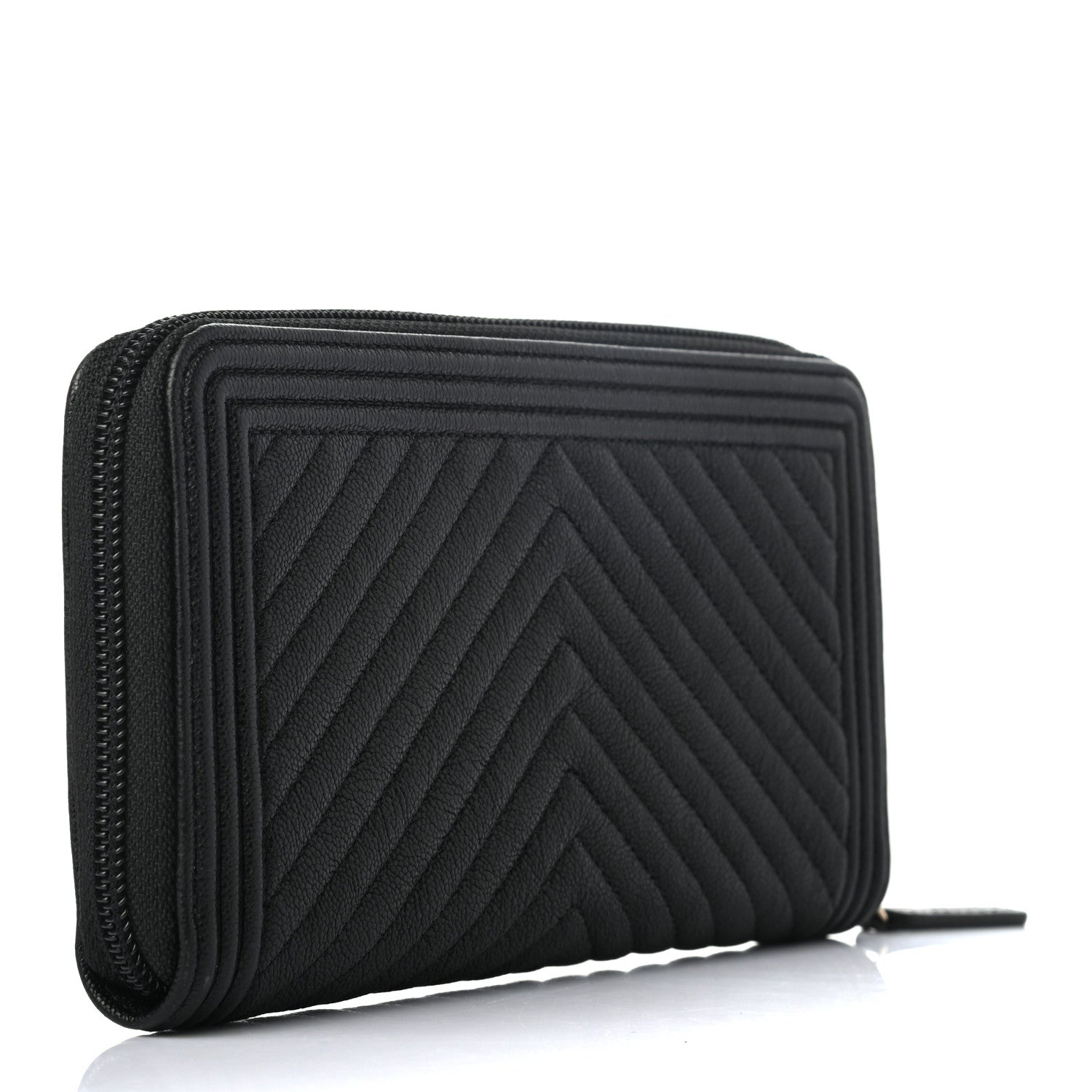 Chanel Caviar Chevron Quilted Zip Around Boy Wallet Black 3 of 8