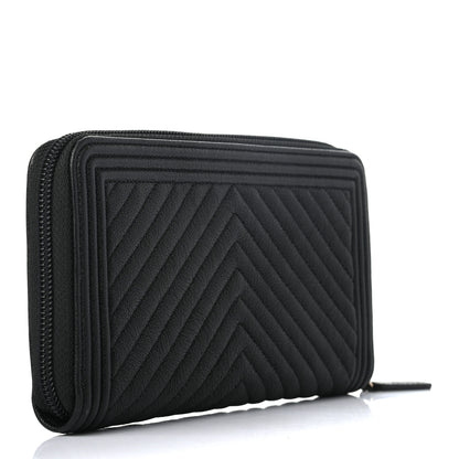 Chanel Caviar Chevron Quilted Zip Around Boy Wallet Black 3 of 8